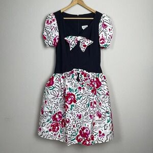 Vintage A La‎ Mode Dress Puff Sleeve Bow Floral Print Dark Navy Size 5/6